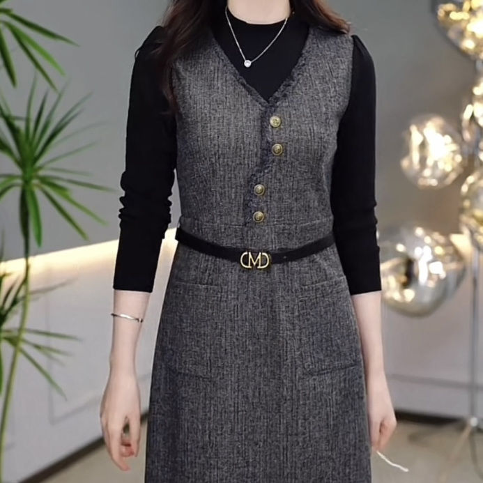 磨毛精紡連衣裙女2023秋冬新款時尚修身遮肚中長款假兩件連衣裙女