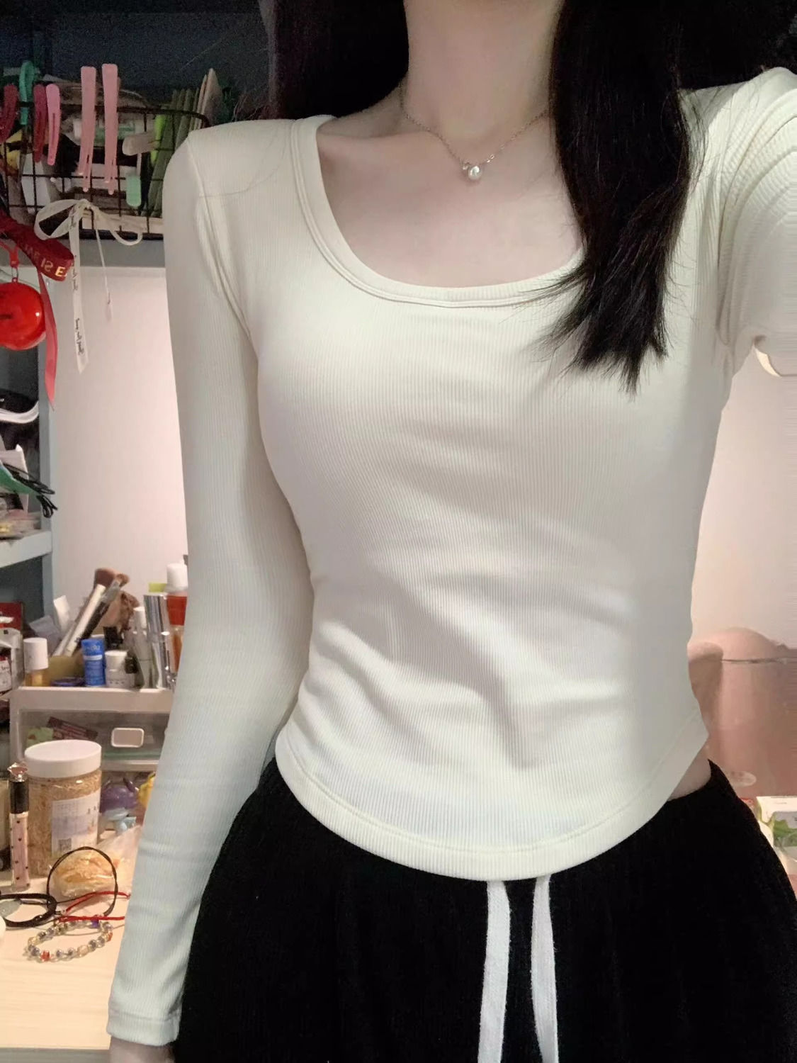 設計感小眾方領德絨打底衫女秋冬內搭加絨短款T恤百搭保暖上衣服