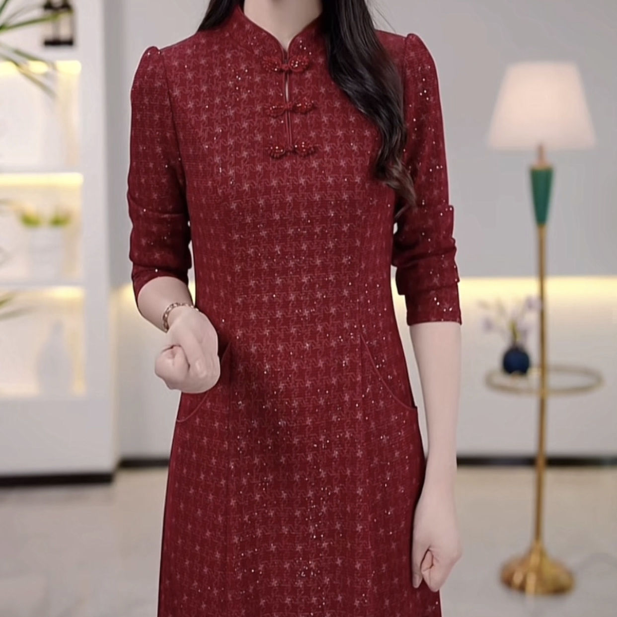 高檔精紡華夫格改良版旗袍連衣裙2023新款秋冬女裝中國風婚宴裙子