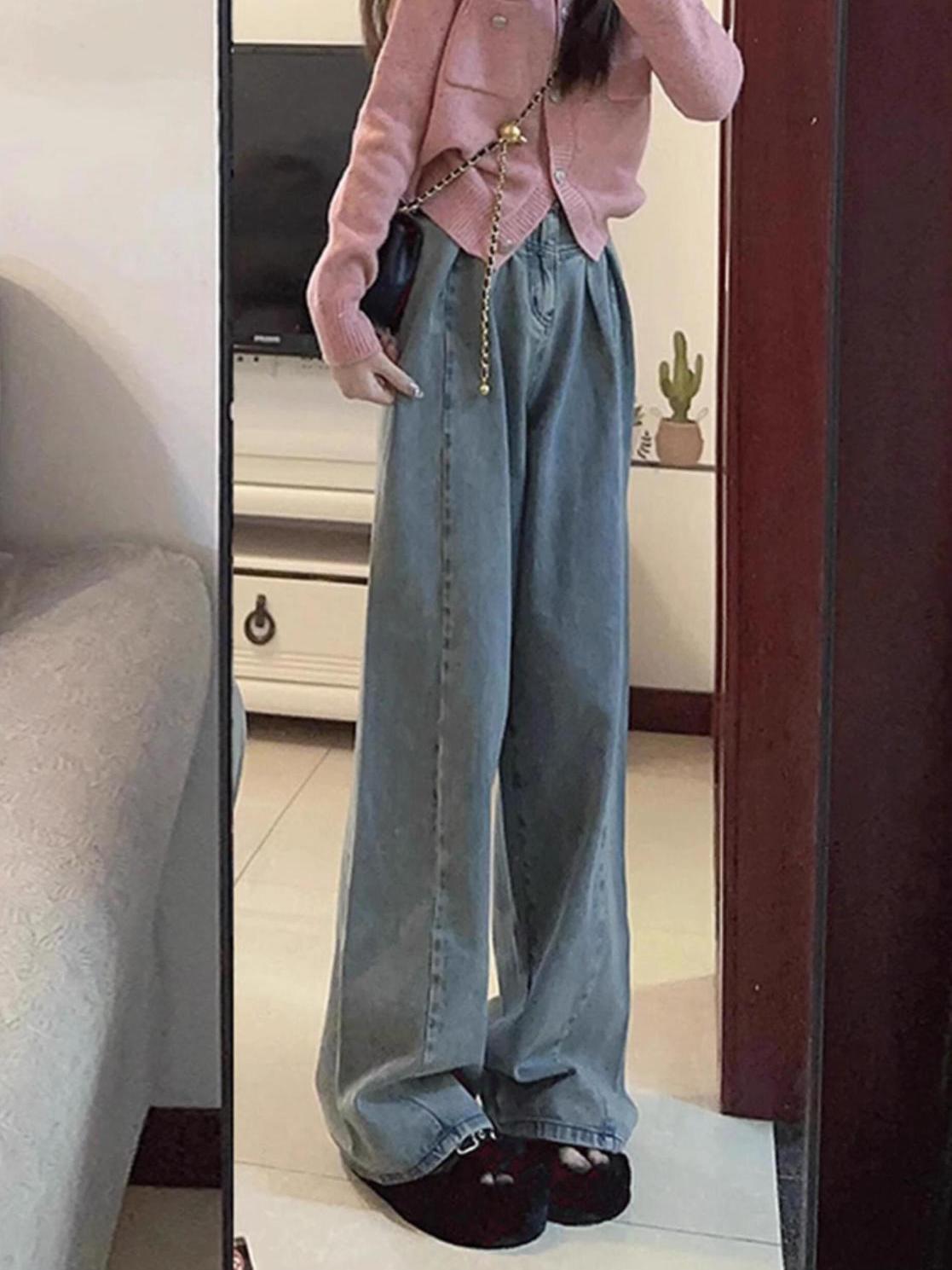 慵懶質感寬鬆褶皺寬鬆顯瘦高腰直筒牛仔褲女設計感小眾辣妹闊腿褲