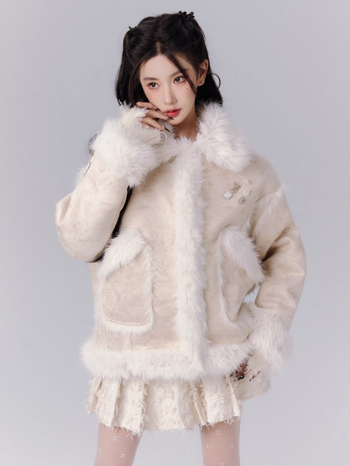 Woolen coat women's  autumn and winter new coat fur high-end small fragrance all-in-one suit fur thickened coat