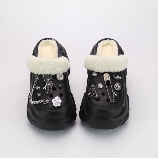 BAHARI2023新款加绒洞洞鞋女外穿冬季ins潮时增高厚底保暖棉拖鞋