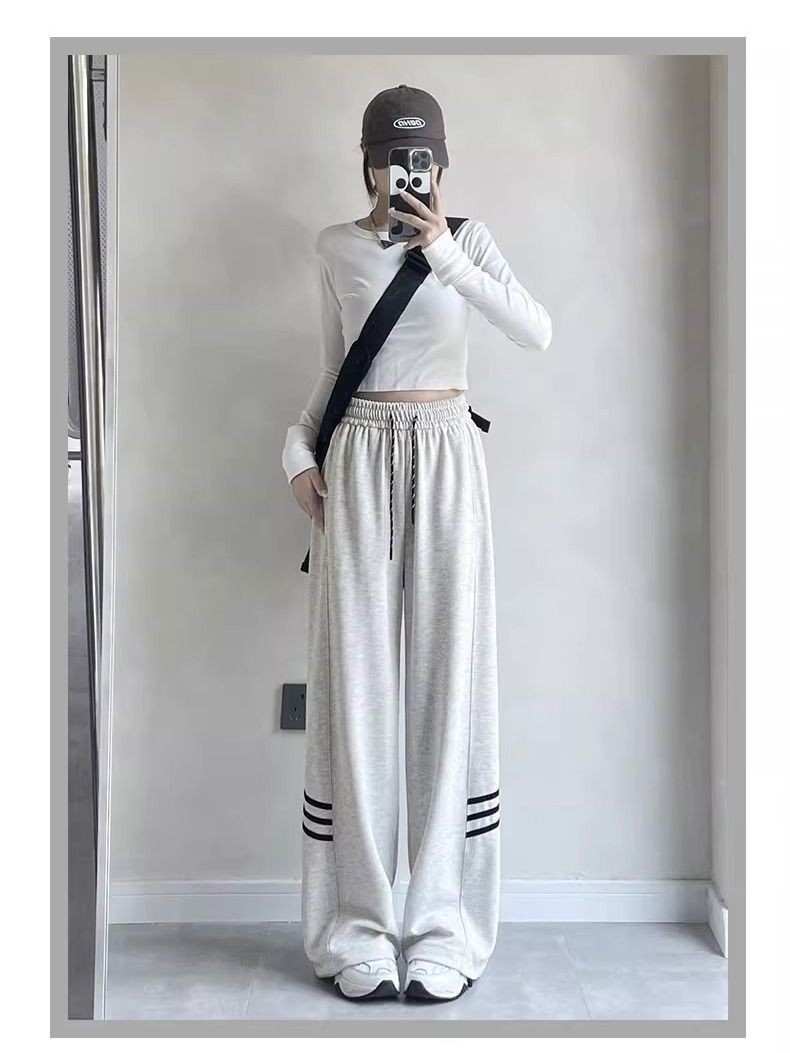 美式復古運動褲子女春秋新款高腰垂感直筒闊腿褲顯瘦百搭休閒衛褲