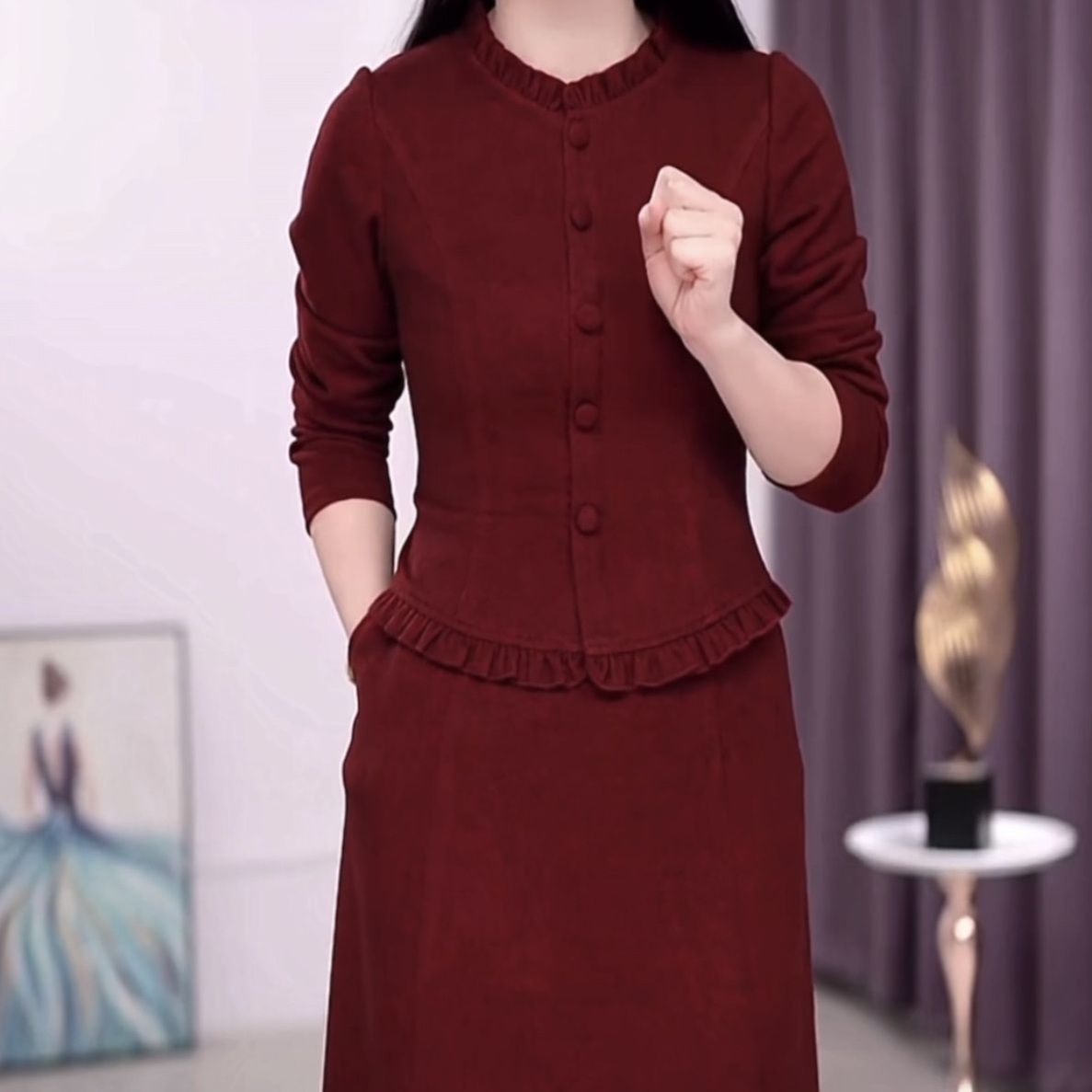 高檔帛萊軟精紡連衣裙2023新款冬季女氣質婚宴媽媽假兩件套裝裙子