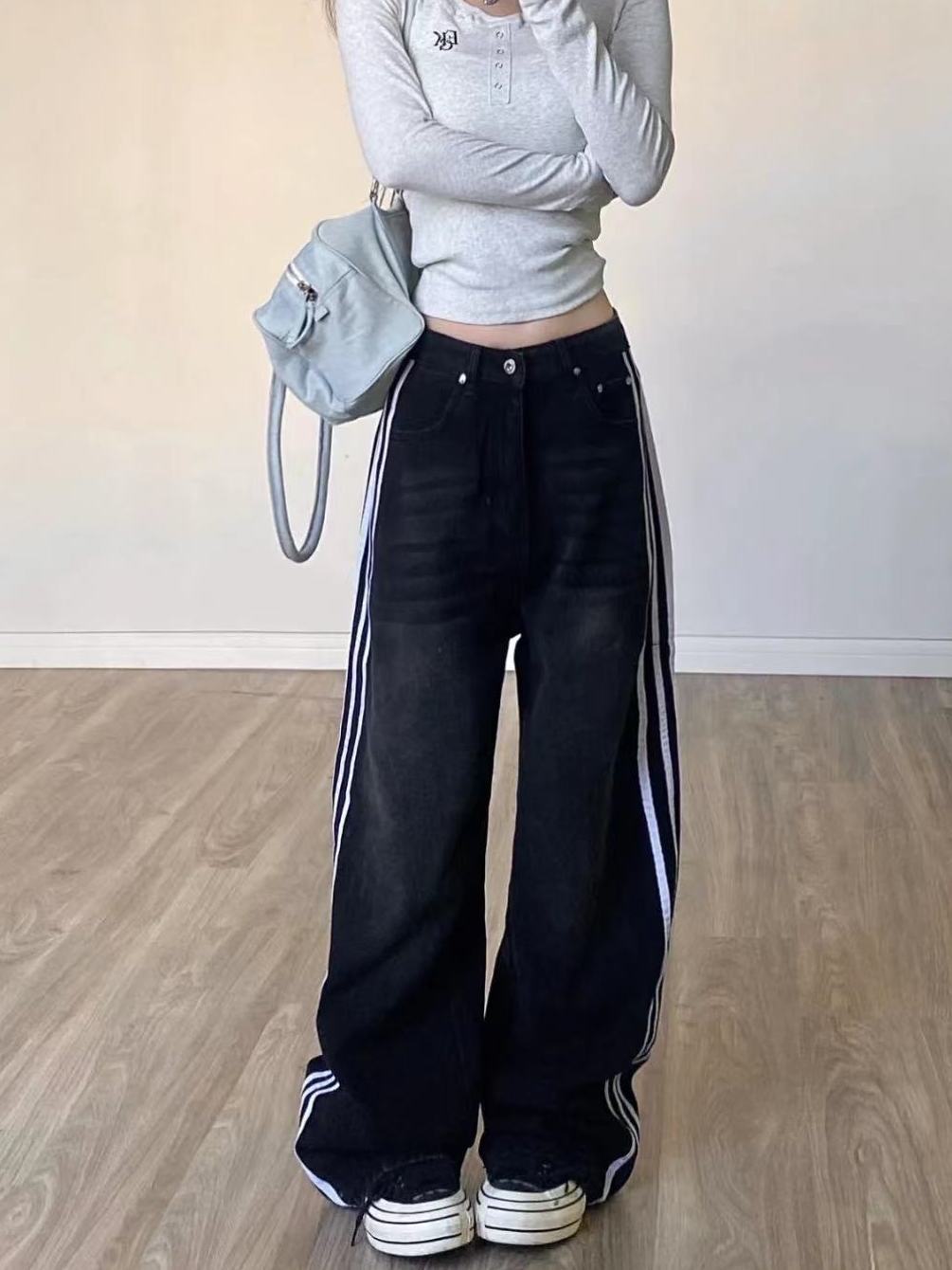 美式ins復古設計感三槓條紋牛仔褲女高腰寬鬆顯瘦直筒闊腿拖地褲