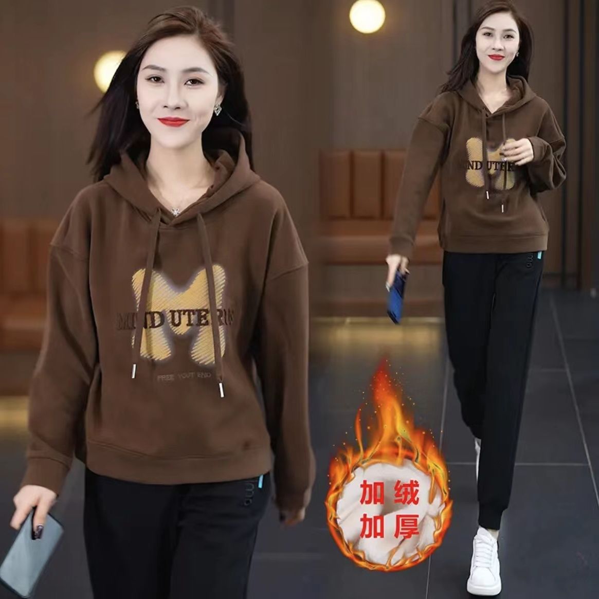 加絨連帽衛衣套裝女2023秋冬新款洋氣寬鬆顯瘦加厚休閒衛褲兩件套