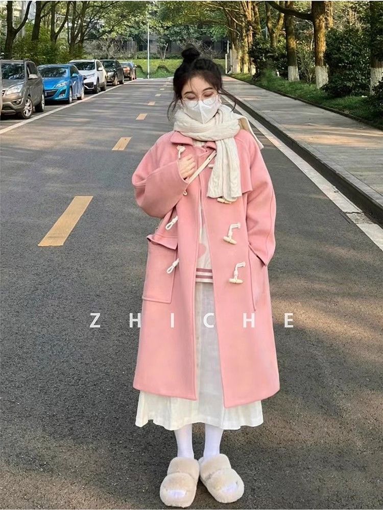 粉色韩版牛角扣大衣女秋冬新款高级感夹棉加厚中长小个子毛呢外套