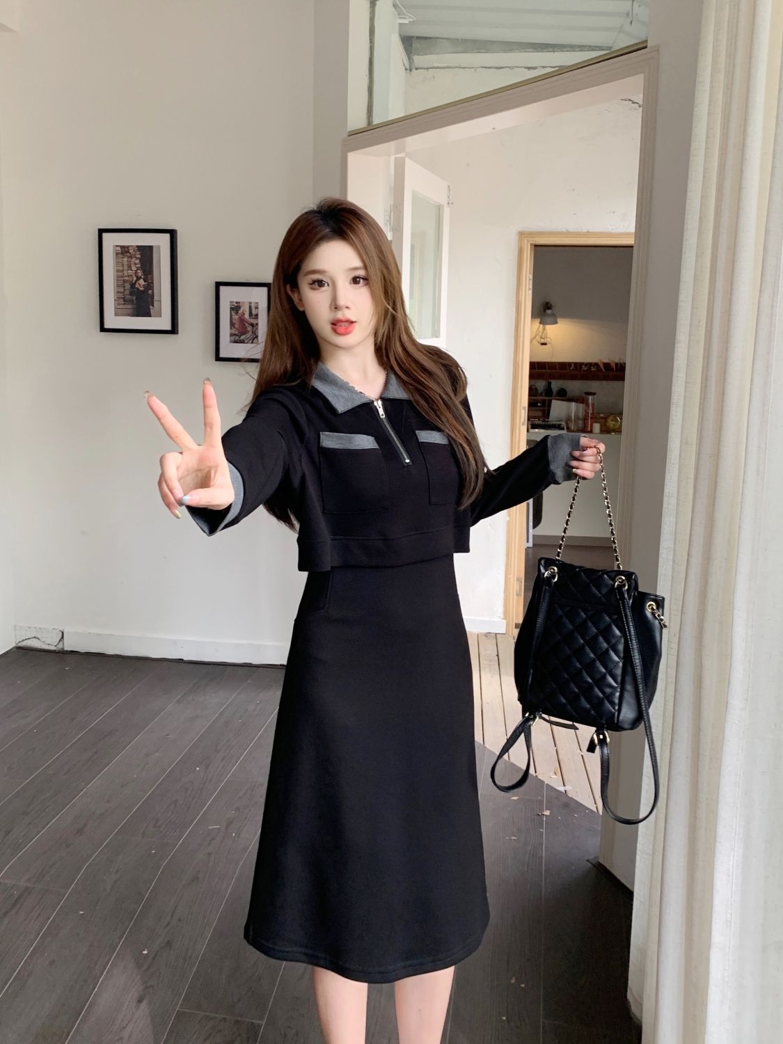 撞色翻領學院風假兩件連衣裙女秋裝大碼胖mm休閒氣質減齡顯瘦裙子