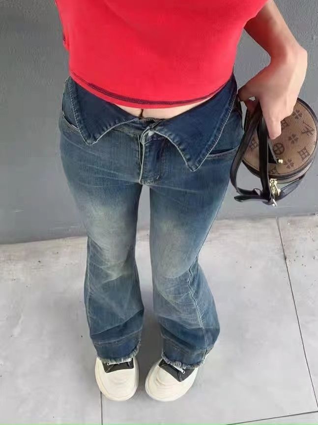 小個子復古藍色翻邊微喇叭牛仔褲女修身彈力顯瘦辣妹翹臀馬蹄長褲