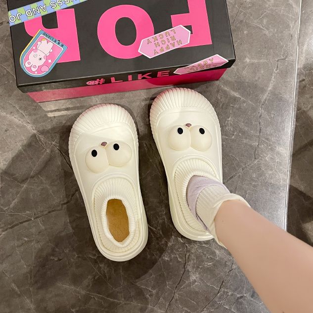 Silly three-dimensional big eyes non-slip thick-soled platform shoes for women in autumn and winter fashion versatile cute bag heel plus velvet cotton slippers