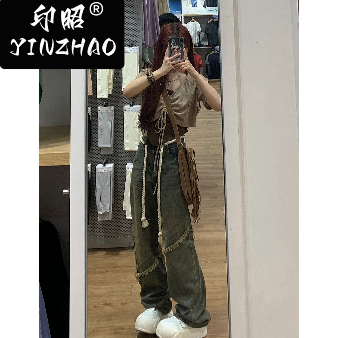 【印昭YINZHAO】美式復古辣妹牛仔褲女高腰顯瘦直筒毛邊設計感褲