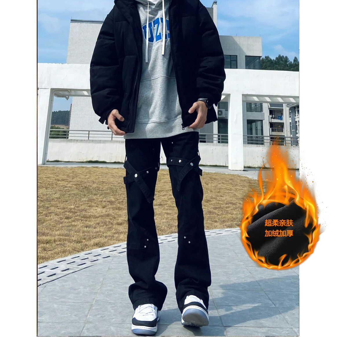 加絨加厚高街vibe褲子潮牌女hiphop牛仔褲直筒情侶綁帶工裝微喇褲