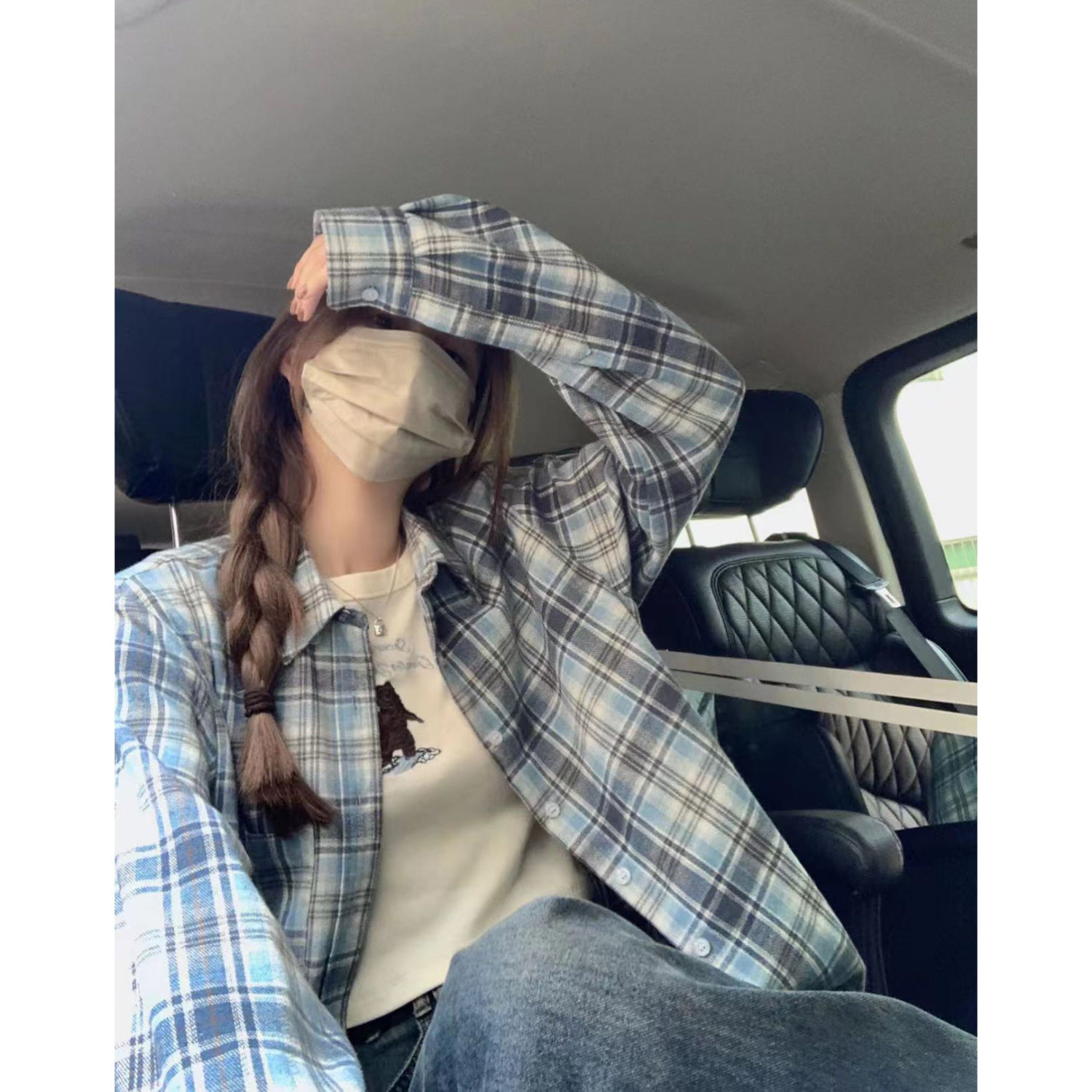 美式復古Polo領格子襯衫女秋季寬鬆百搭設計感長袖襯衣慵懶風外套