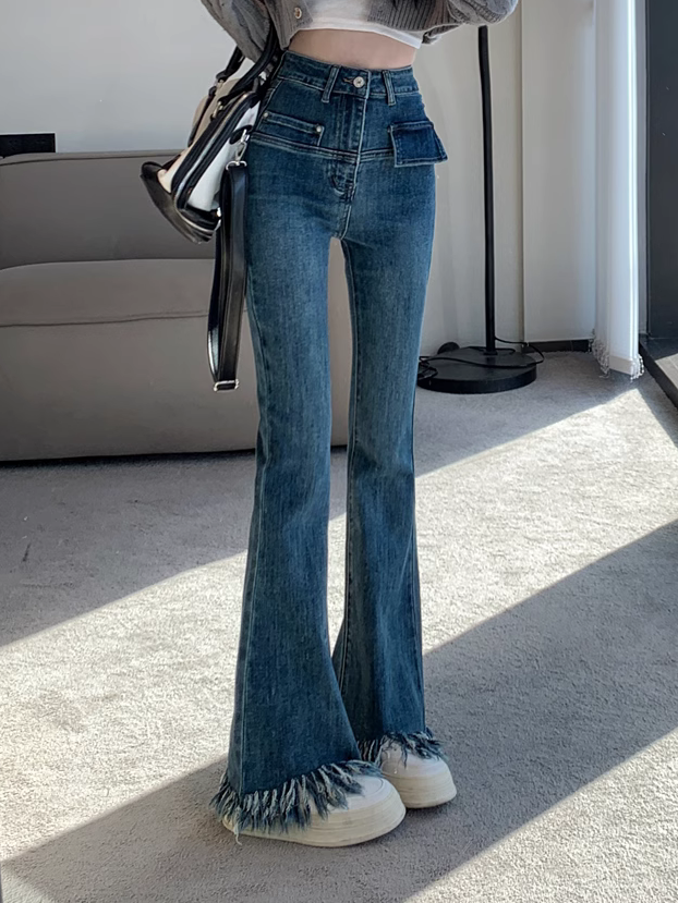 流蘇復古毛邊微喇叭牛仔褲女小個子辣妹修身彈力顯瘦小眾馬蹄長褲