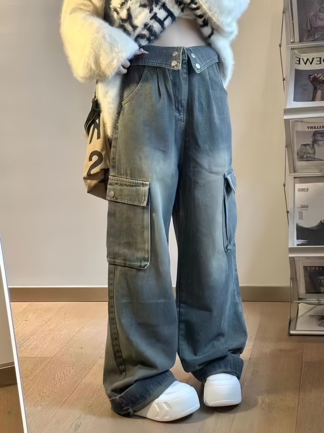 美式復古翻邊工裝牛仔褲女春秋新款高街設計感直筒寬鬆顯瘦闊腿褲