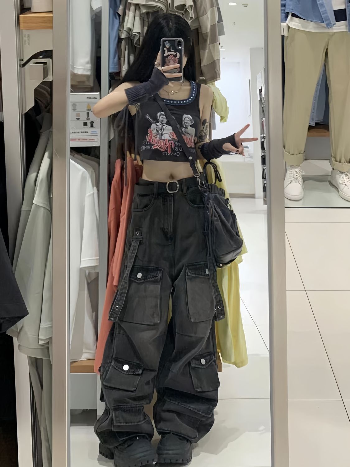 歐美式vibe工裝多口袋牛仔褲女秋冬綁帶設計感寬鬆顯瘦闊腿拖地褲