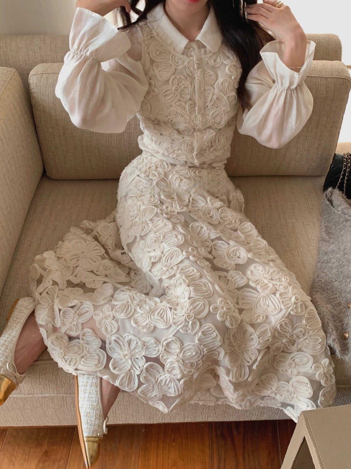 春秋2023新款立體提花馬甲女高級重工A字白色傘裙套裝氣質三件套