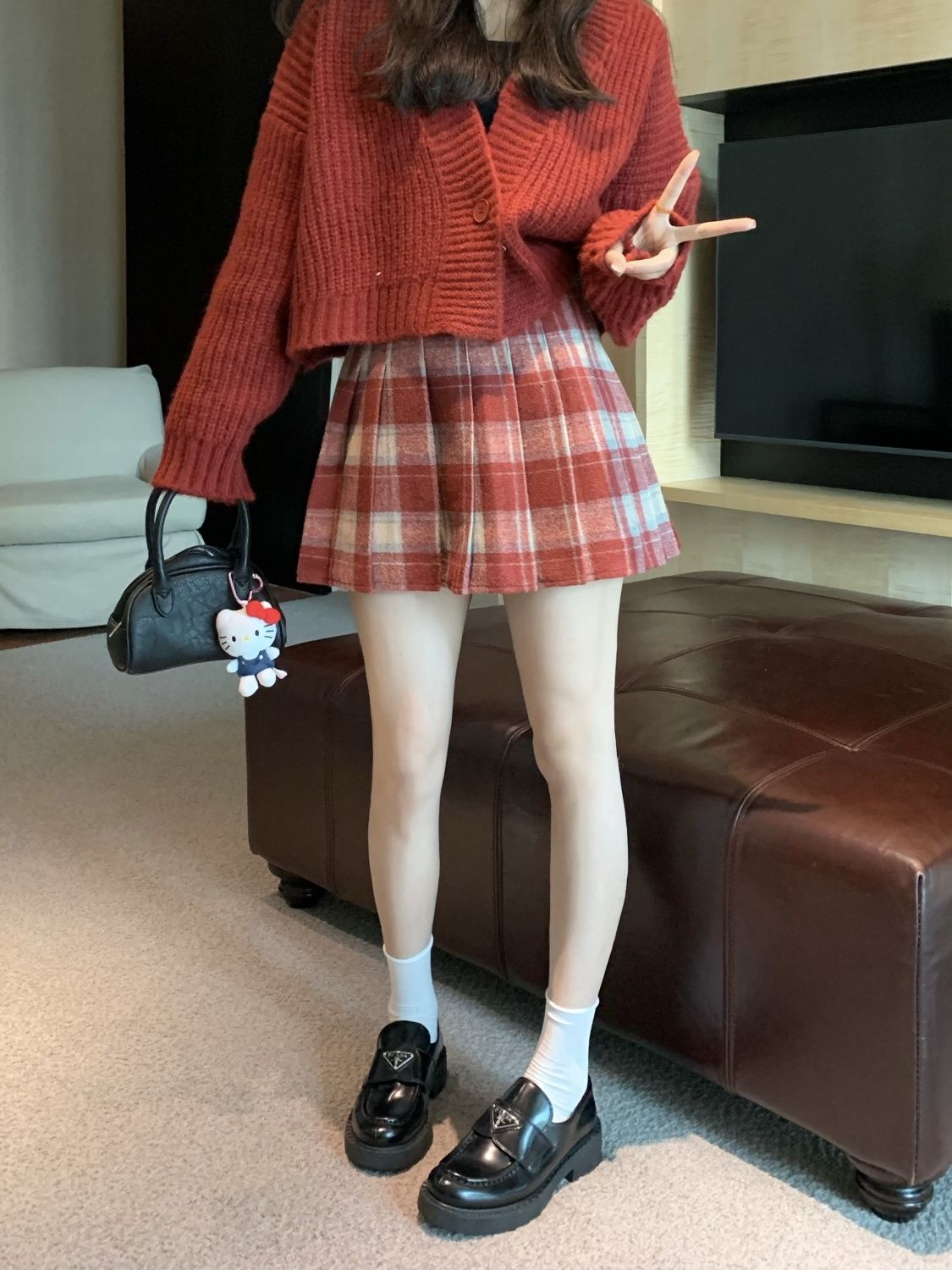 美式學院風格紋百褶半身裙女秋冬2023新款爆款高腰防走光A字短裙