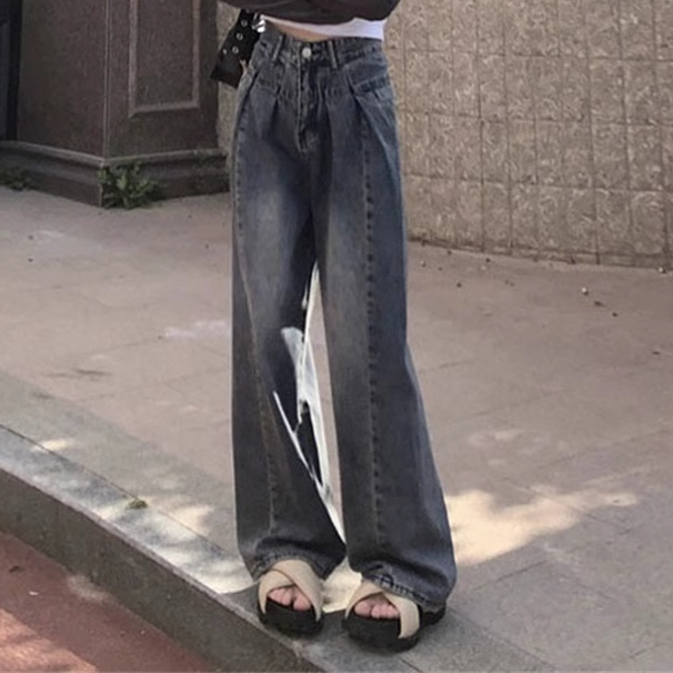 秋冬美式慵懶闊腿牛仔褲女高腰美拉德穿搭寬鬆休閒直筒拖地長褲子