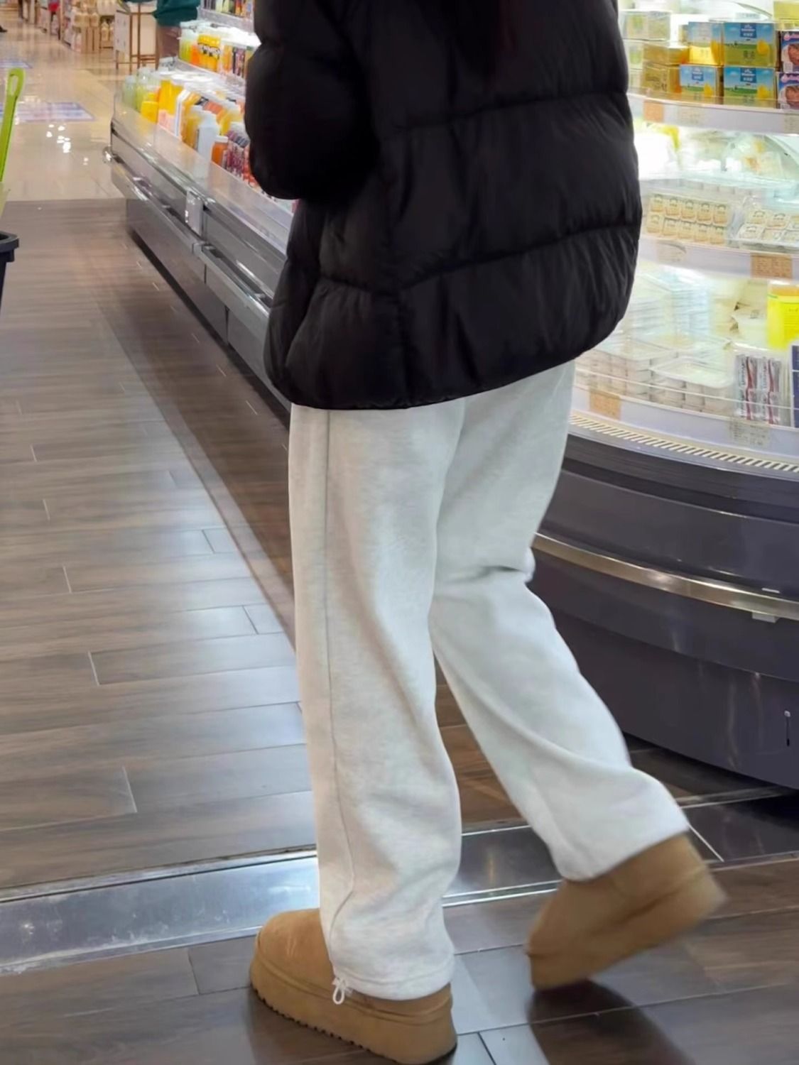 美式灰白色秋冬加厚新款休閒褲寬鬆高腰加絨直筒百搭休閒運動褲