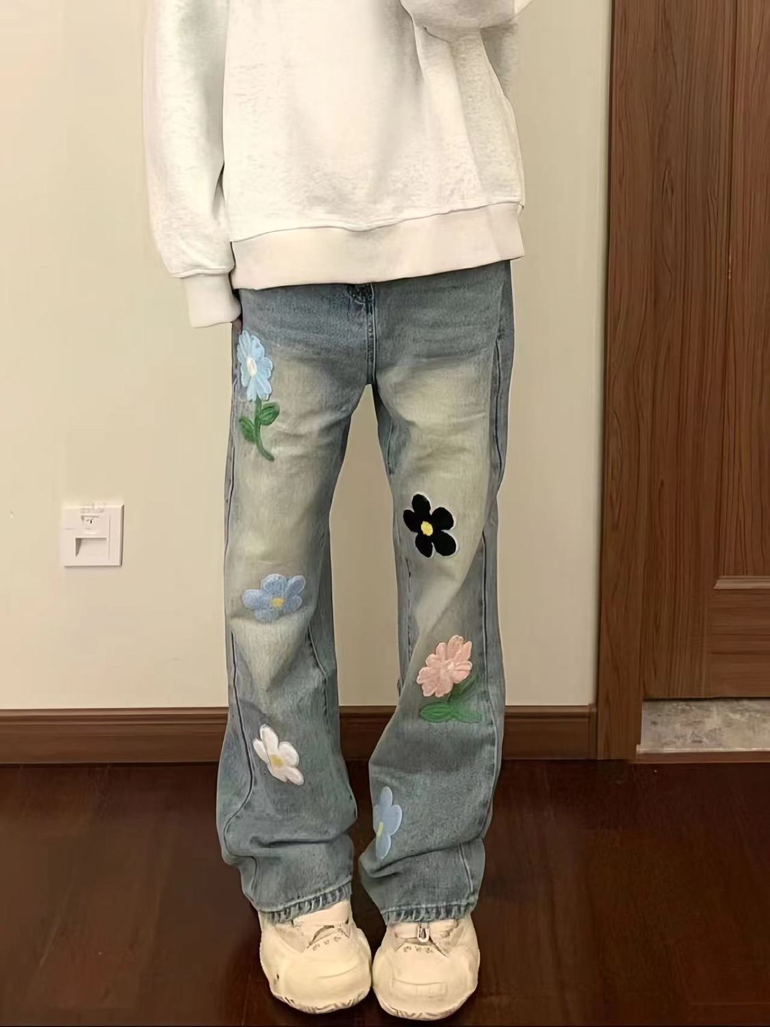 美式ins復古小眾花朵貼布刺繡牛仔褲女高腰設計感寬鬆直筒闊腿褲