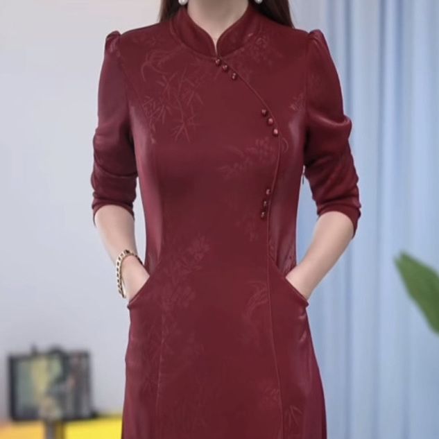 奢華水晶玻璃格改良旗袍裙2023秋季時尚優雅高檔大氣旗袍連衣裙女