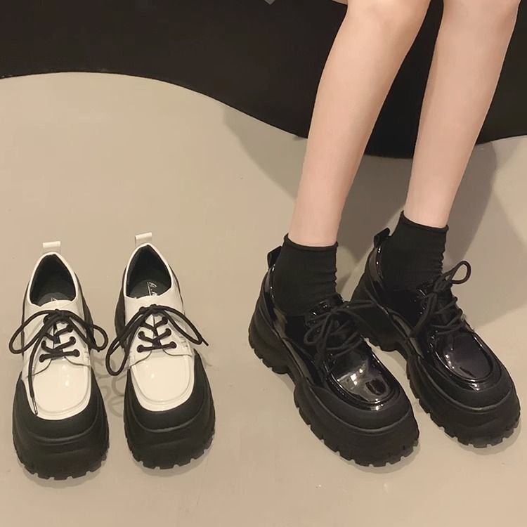 英倫風瑪麗珍單鞋女黑色2023秋季新款百搭厚底增高小個子小皮鞋潮