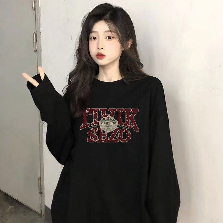 純棉秋季長袖T恤女寬鬆bf慵懶風常規款黑色內搭打底衫上衣服ins潮