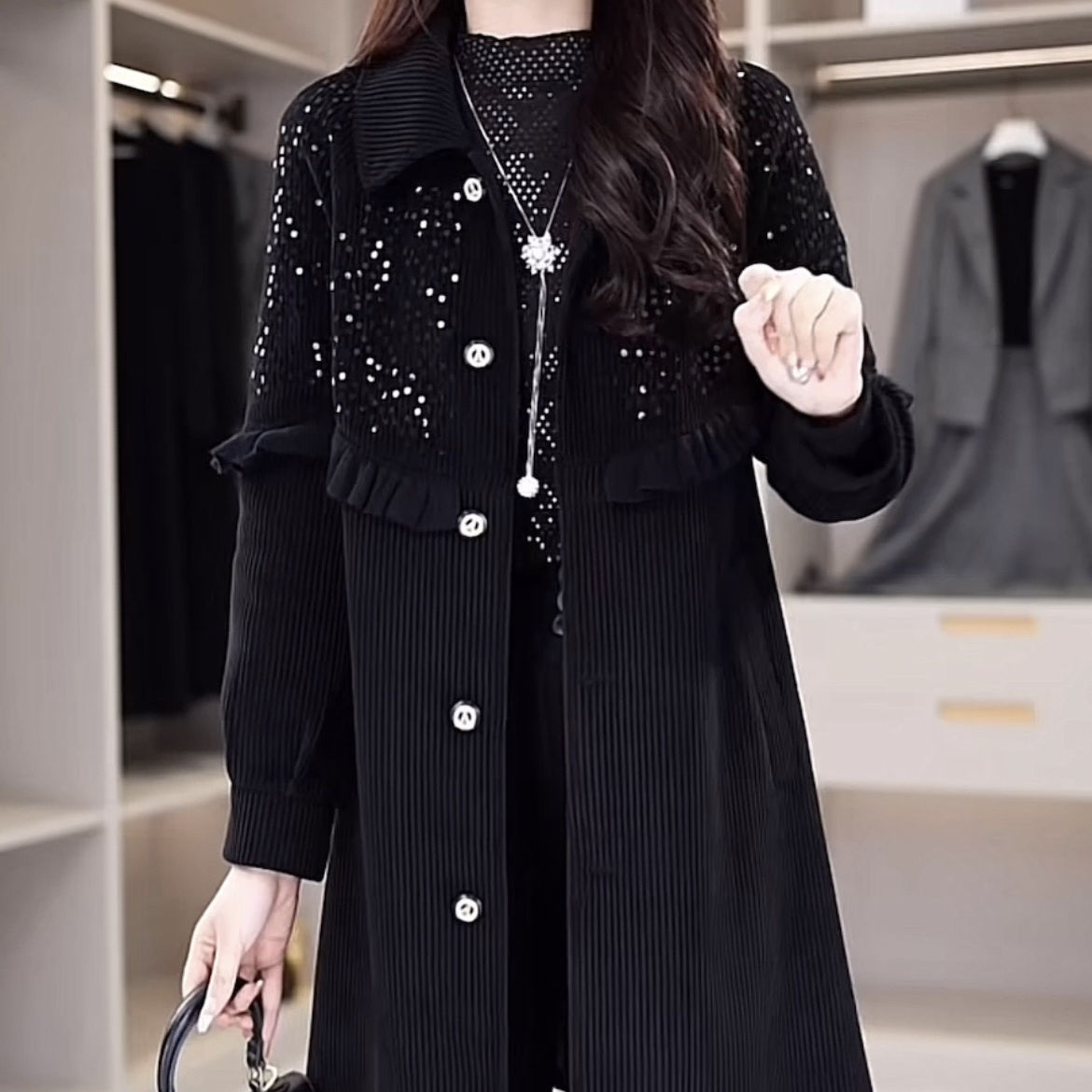 雪尼爾絨外套女中長款2023新款秋冬裝加厚洋氣小香風亮片外穿大衣