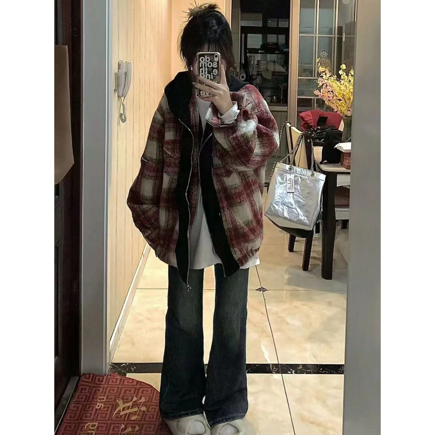 ins trendy street red plaid cardigan jacket for men and women couples winter American retro loose hooded jacket