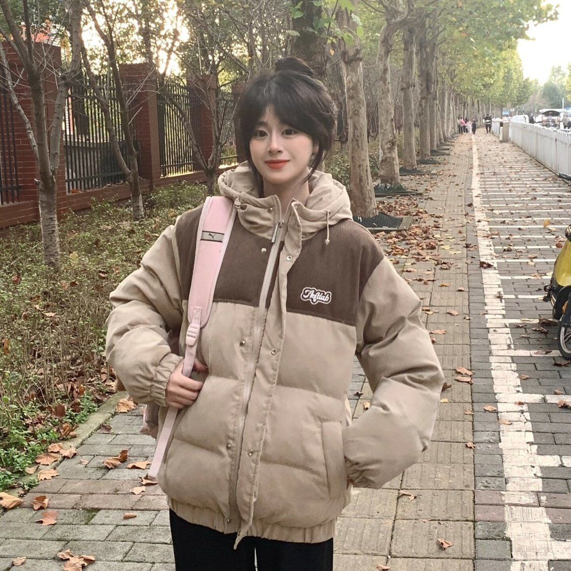 Stitched corduroy letter embroidered hooded cotton coat for female students winter new retro thickened bread coat