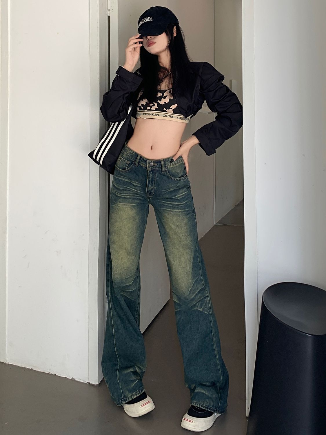 美式辣妹口袋圖案牛仔褲女秋季高腰顯瘦直筒褲氣質高級感闊腿褲潮