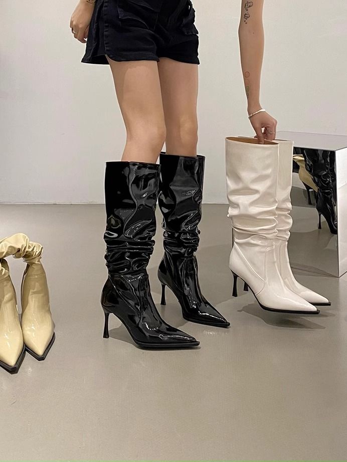 European and American pointed toe pleated high boots for women 2023 autumn and winter stiletto patent leather pile boots high heels no more than knee boots