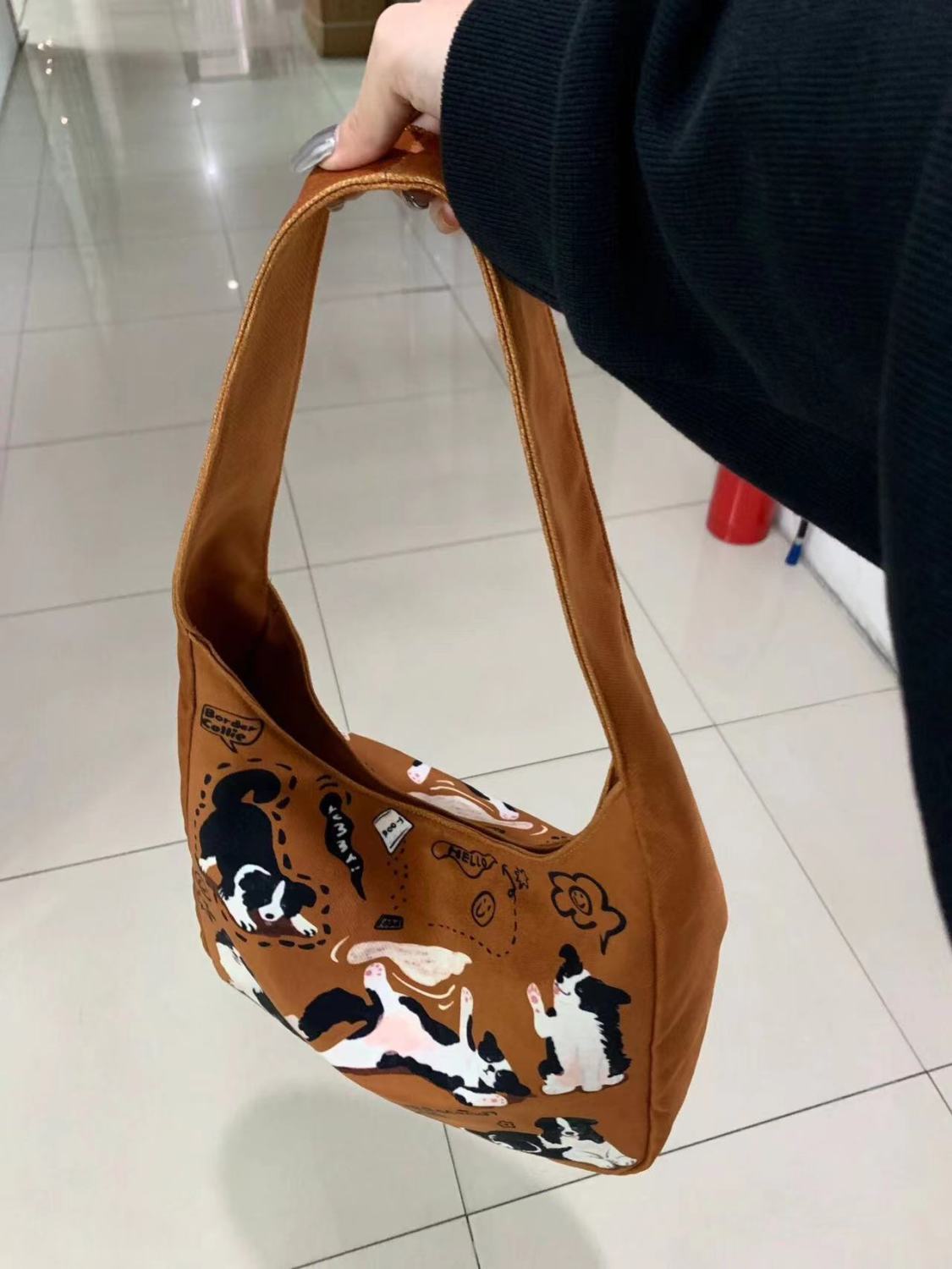 Small short-leg retro shoulder bag niche original cute puppy print bag large capacity casual shoulder canvas bag for women