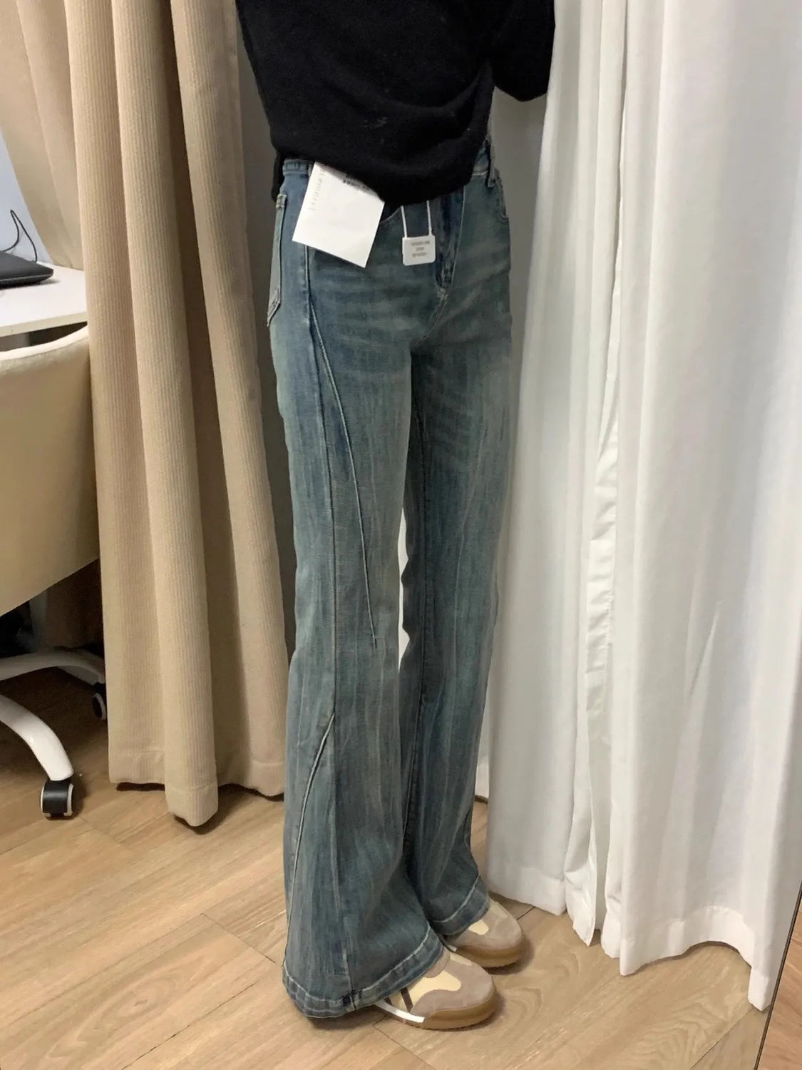 小個子復古做舊微喇牛仔褲女春秋新款美式高街高腰顯瘦直筒拖地褲