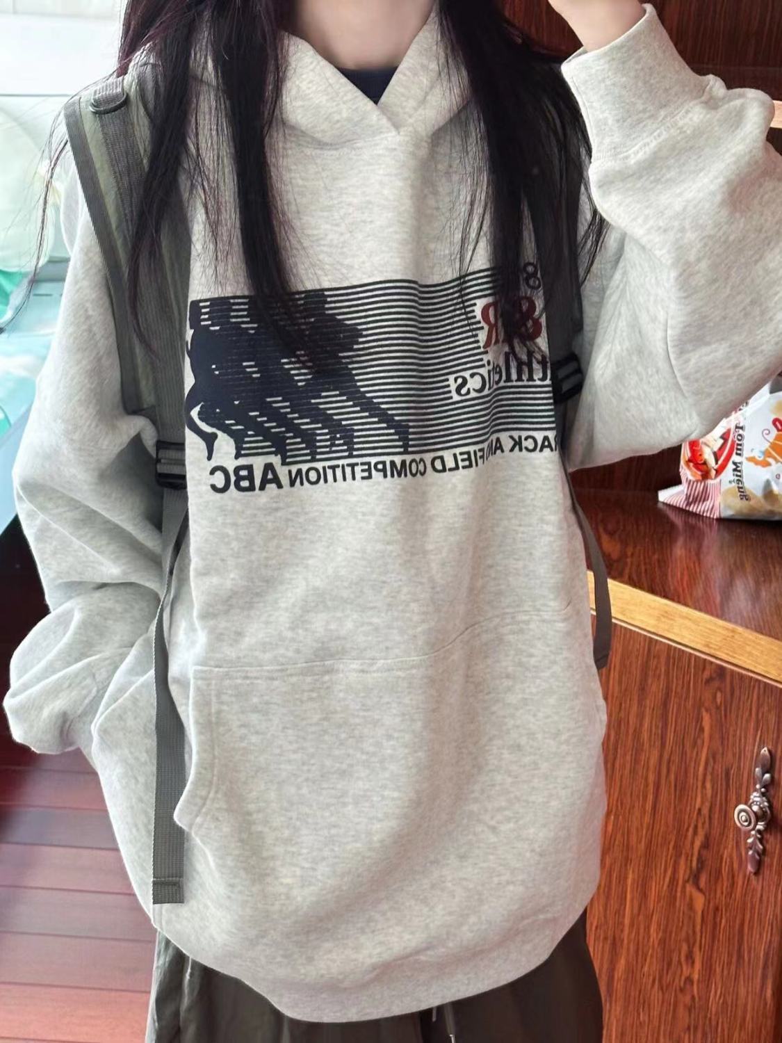 美式chic套頭連帽衛衣女冬季加絨加厚oversize小個子長袖上衣外穿