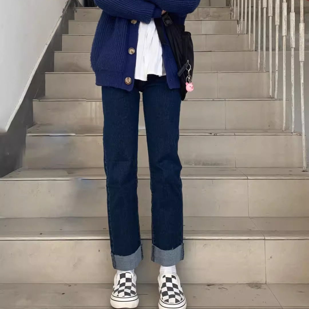 卷邊深藍色牛仔褲女2023秋季韓版潮流高腰闊腿褲寬鬆百搭直筒褲潮