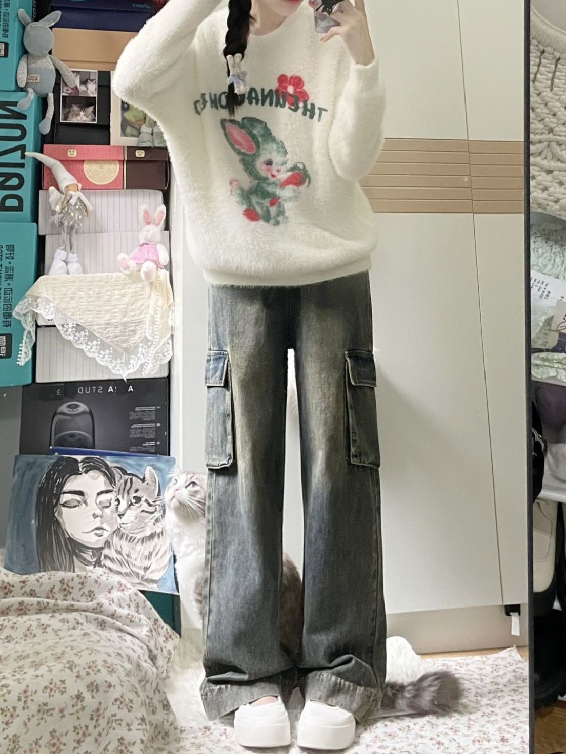 高街設計感翻腰工裝牛仔褲女秋冬款高腰側口袋直筒闊腿拖地褲子潮
