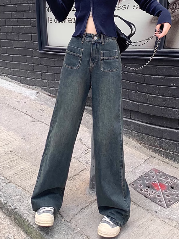 美式復古闊腿牛仔褲女秋冬小個子美拉德穿搭高腰直筒寬鬆闊腿褲春