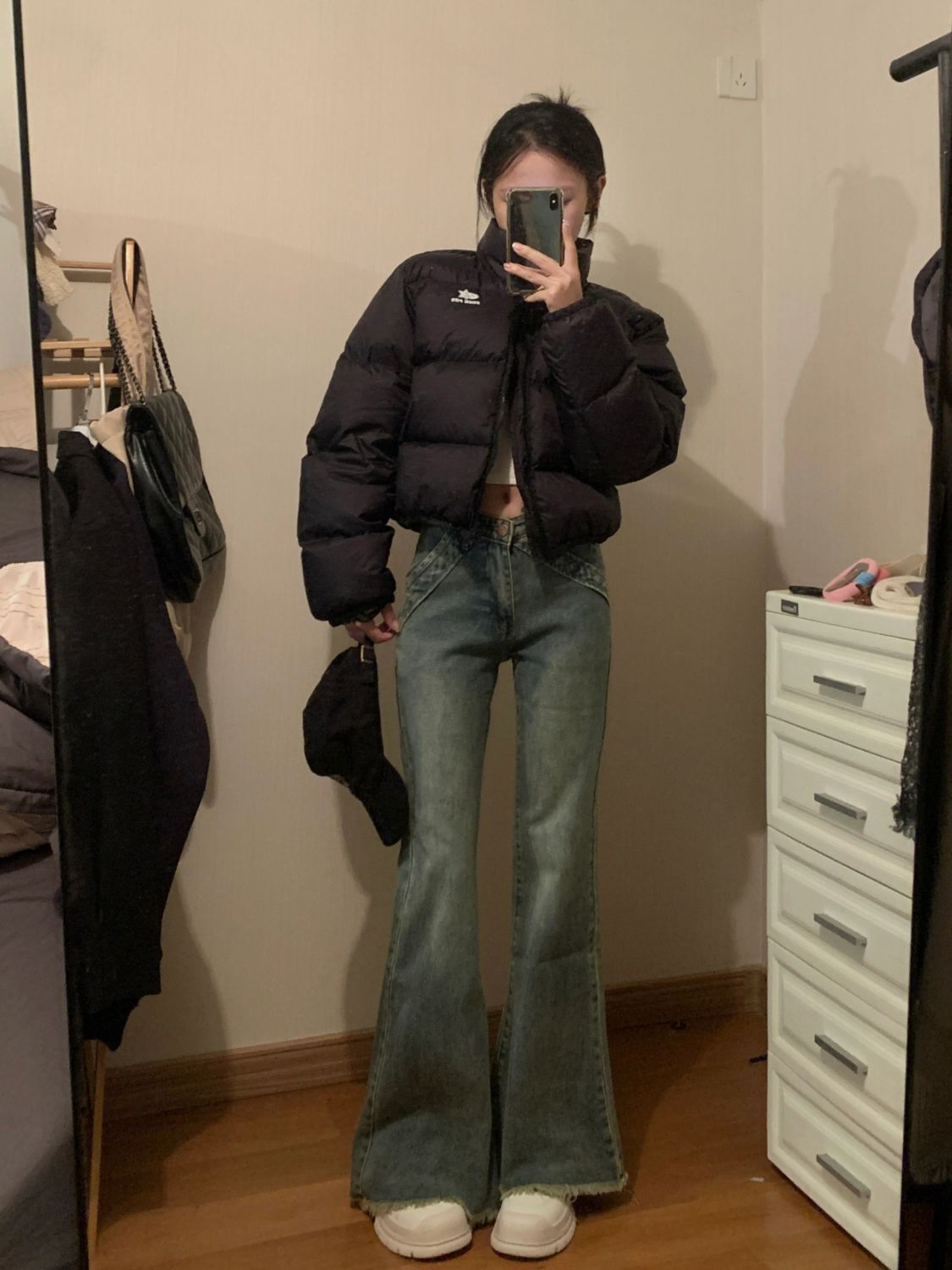 美式復古辣妹毛邊微喇牛仔褲女小個子高腰彈力直筒顯瘦馬蹄長褲潮
