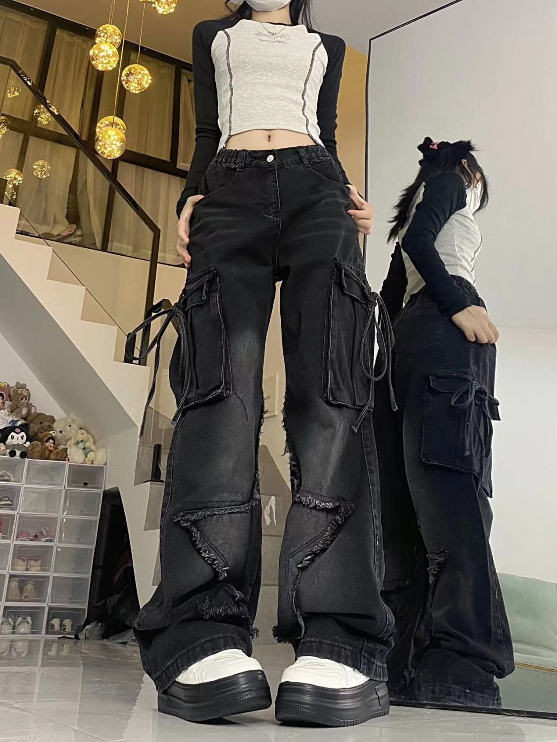 美式ins復古五角星工裝牛仔褲女秋冬高街設計感寬鬆顯瘦直筒褲潮
