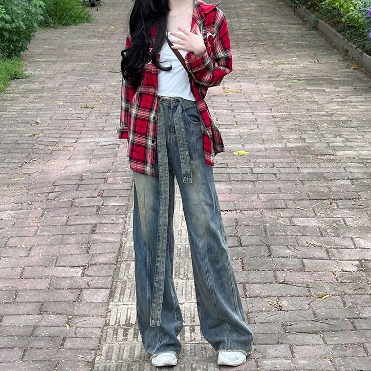 美式復古做舊綁帶毛邊闊腿牛仔褲女小個子高腰寬鬆顯瘦直筒拖地褲
