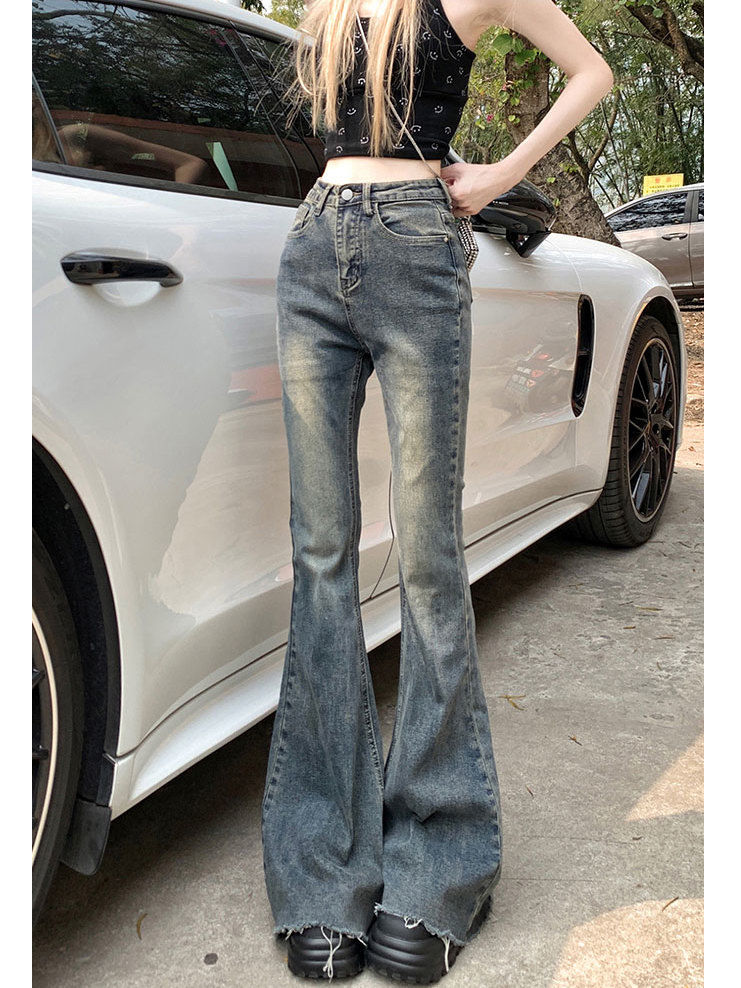 美式高街復古百搭修身顯瘦辣妹喇叭牛仔褲女秋冬小個子毛邊馬蹄褲