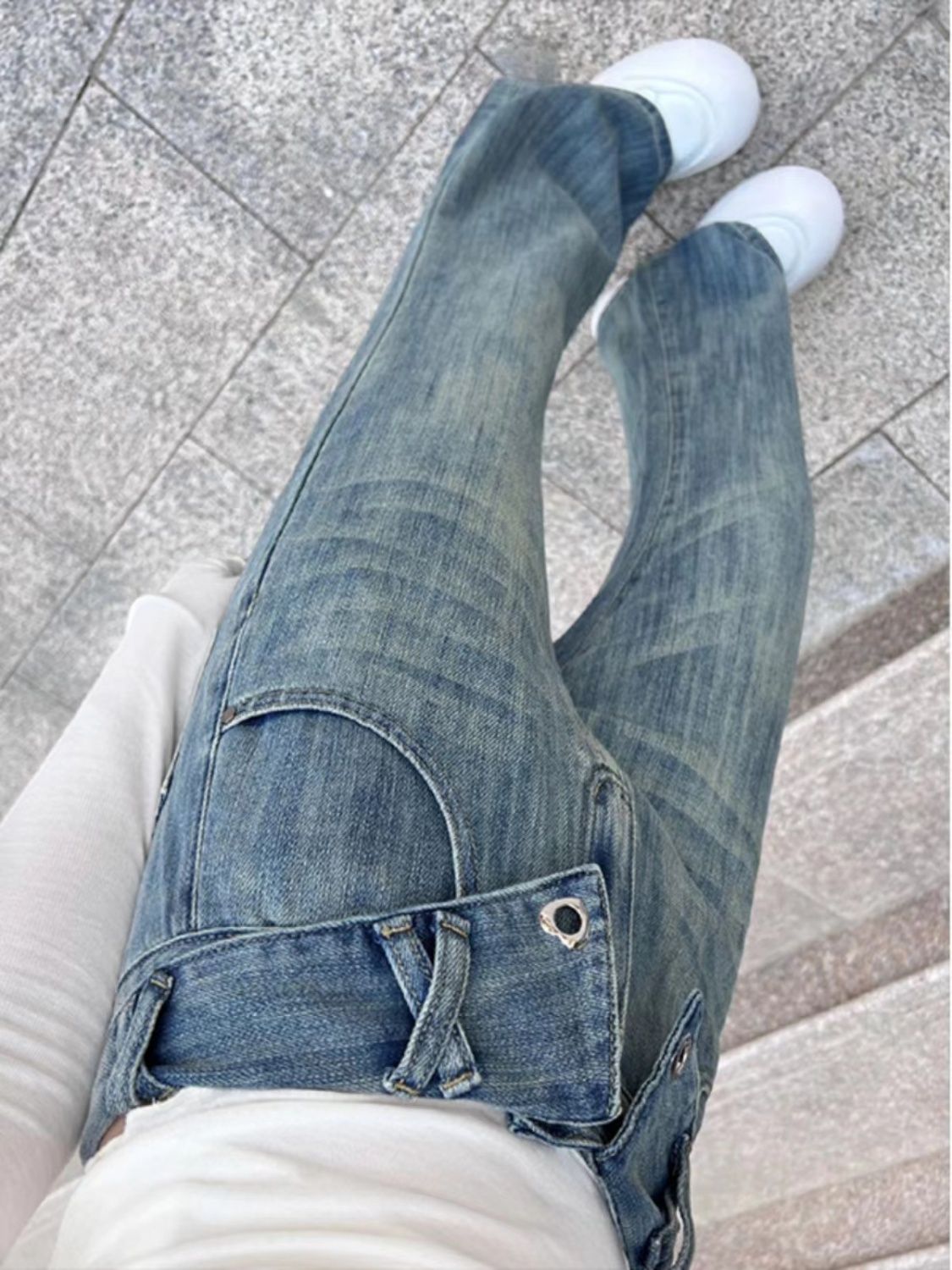 美式高街vibe微喇叭牛仔褲女小個子翻折設計感小眾直筒垂感闊腿褲