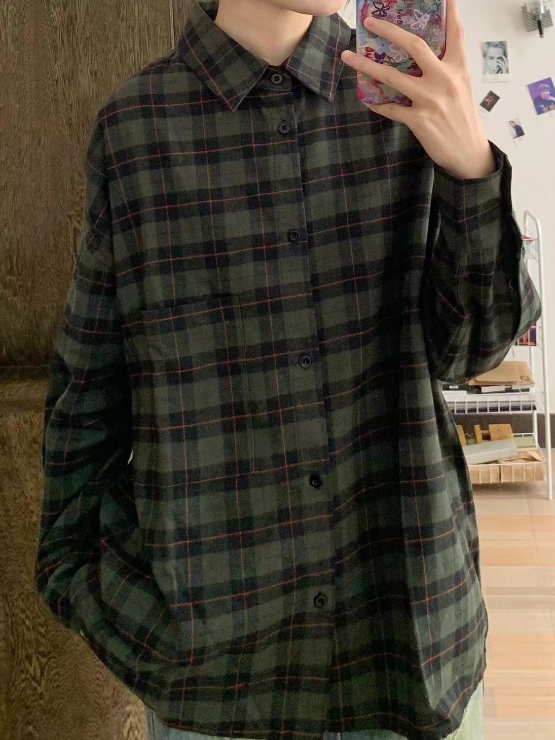 森系chic復古綠色格子襯衫外套女秋冬內搭疊穿寬鬆中長款襯衣外穿