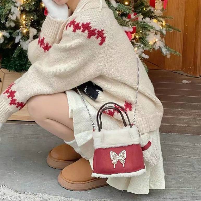 原創紅包小水桶包新年斜挎包聖誕羊羔毛包包森系秋冬毛絨包