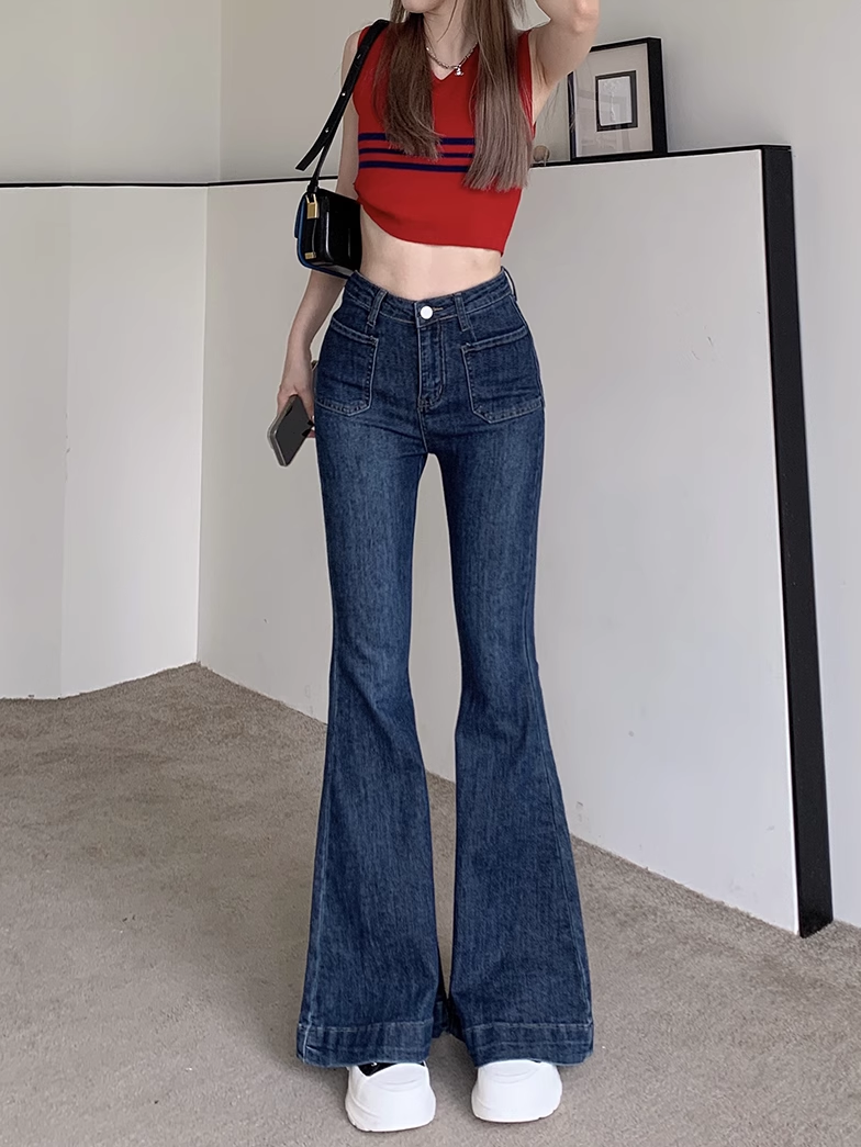 高腰顯瘦牛仔褲女小個子修身提臀設計小眾復古大喇叭chic拖地褲潮
