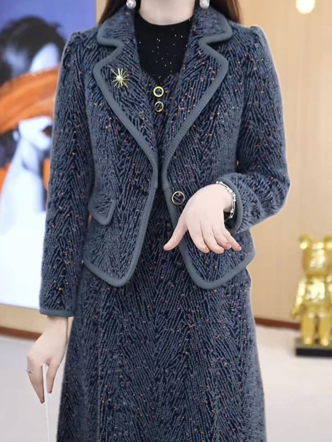 貴妃絨西裝外套+連衣裙兩件套2023秋冬新款小眾極簡時尚裙套裝女