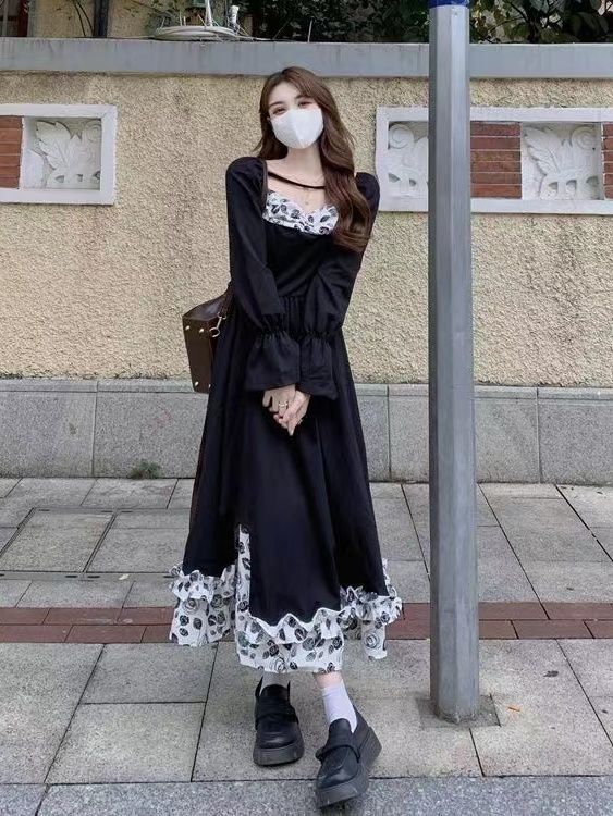 大碼胖mm赫本風連衣裙女春秋不規則過膝裙子胖mm遮肉顯瘦a字長裙