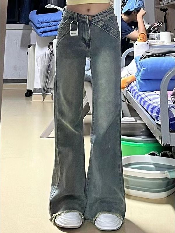 美式不貼腿微喇叭牛仔褲女秋季新款辣妹低腰寬鬆顯瘦直筒拖地褲子